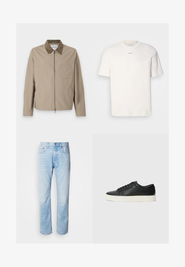 Šviesiai ruda striukė su rudu zomšiniu apykakle, priekyje užtrauktukas, dvi šoninės kišenės ir krūtinės kišenė. Lygus paviršius ir modernus dizainas.; Balta medvilninė marškinėlių suapvalintu kaklu, trumpomis rankovėmis ir siuvinėtu "Calvin Klein" logotipu krūtinės centre. Paprastas dizainas.; Šviesiai mėlyni džinsai su tiesiomis kojomis, puošti išblukusių vietų, penkių kišenių dizainu ir klasikiniu mygtukų užsegimu.; Juodi odiniai sportbačiai su perforuotu paviršiumi, apvaliu pirštu ir plokščiu baltu guminiu padu. Yra juodos raišteliai ir subtili logotipo detalė šone.