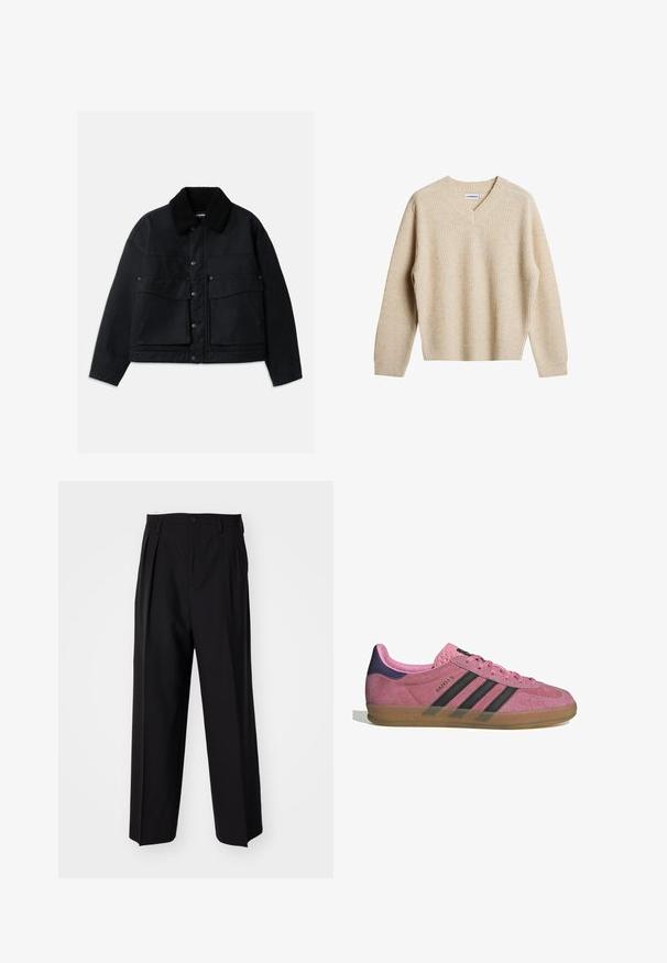 Svart jacka med en texturerad, svart fårliknande krage. Har knäppning fram med knappar och två stora bröstfickor. Materialet verkar robust.; Beige, ribbad stickad tröja med V-ringning och långa ärmar. Har en avslappnad passform och texturerad tyg för ökad värme och komfort.; Vit bomullströja med rund halsringning, korta ärmar och avslappnad passform. Har en varumärkesetikett som säger "WEEKDAY" på halsringningen.; Svarta plisserade byxor med en rak, bred bendesign. Tillverkade av ett slätt tyg, med knäppning fram och bälteshällor.; Rosa mockasnöre med svarta ränder, gummsula och texturerad lila häl. Har en snörningsdesign och prägling på sidan.