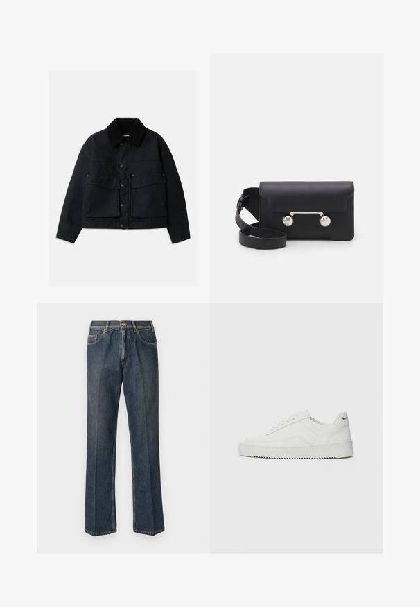 Juodas švarkas su tekstūruotu juodu avikailio apykaklės kraštu. Turi priekinį mygtuką ir dvi dideles kišenes krūtinėje. Medžiaga atrodo tvirta.; Kremo spalvos mezginis megztinis su polo apykakle, raukšlėtomis rankovėmis ir apačia, su priekiniais užtrauktukais ir minkšta tekstūra.; Tamsiai mėlynos tiesios kojos džinsai su priekiniais mygtukais, užtrauktuku, dviem priekinėmis kišenėmis ir matomomis vertikaliomis raukšlėmis nuo kelnių šonų.; Balti odiniai sportiniai bateliai su lygia apdaila, apvaliu pirštu, plokščiais raišteliais ir tekstūruotu padu. Pasižymi subtiliu logotipu ant kulno.; Juodas odinis kryžminis krepšys su sklendės uždarymu, sidabro spalvos detalėmis ir dviem apvaliais akcentais. Yra nusiimamas diržas. Lygus paviršius.