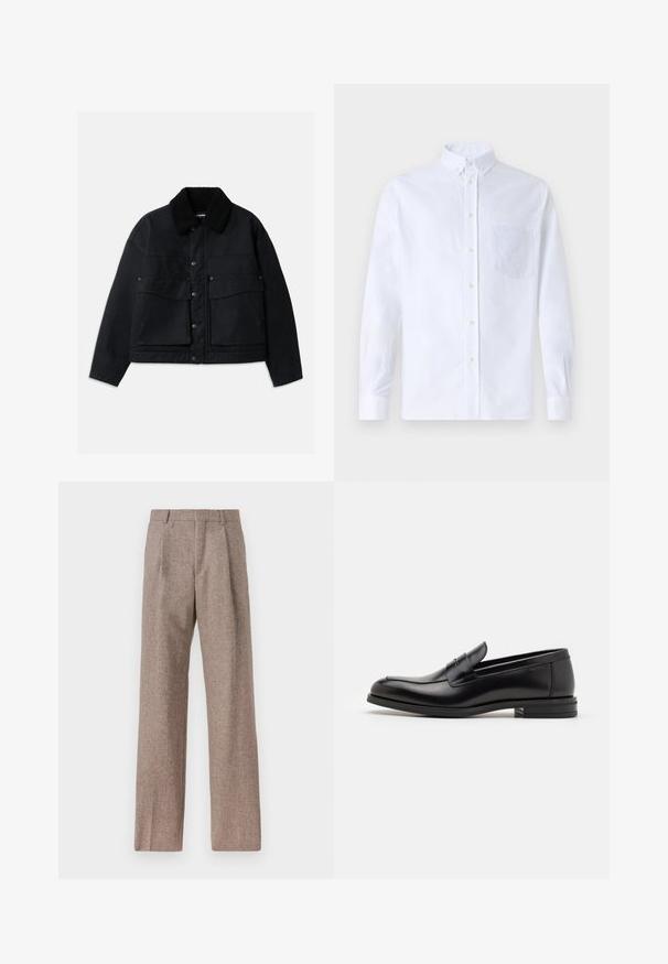 Zwarte jas met een gestructureerde, zwarte schapenvachtkraag. Voorzien van een knoopsluiting aan de voorkant en twee grote borstzakken. Materiaal lijkt stevig.; Witte lange mouwen overhemd van katoen, met een borstzak met tonale borduring, een kraag en knopenmanchetten.; Bruine, hooggewaisted broeken van een gestructureerde stof. Heeft wijde benen en twee voorplooien voor extra structuur. Net afgewerkt zonder zichtbare hardware.; Zwarte leren instappers met een gladde textuur, ronde neus en een decoratieve band over de wreef. Lage, gestapelde hak en minimalistisch ontwerp.