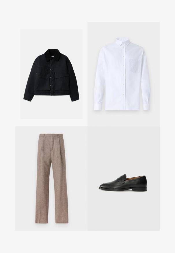 Giacca nera con colletto in shearling nero dalla texture. Presenta una chiusura frontale con bottoni e due grandi tasche sul petto. Il materiale sembra resistente.; Camicia bianca a maniche lunghe con bottoni, realizzata in cotone, caratterizzata da una tasca sul petto con ricamo tonale, colletto e polsini con bottoni.; Pantaloni marroni a vita alta realizzati in tessuto testurizzato. Presentano gambe ampie e due pieghe frontali per struttura. Rifinitura curata senza hardware visibile.; Mocassino in pelle nera con punta arrotondata, dettagli cuciti sottili e tacco basso, caratterizzato da una texture liscia e un design minimalista.