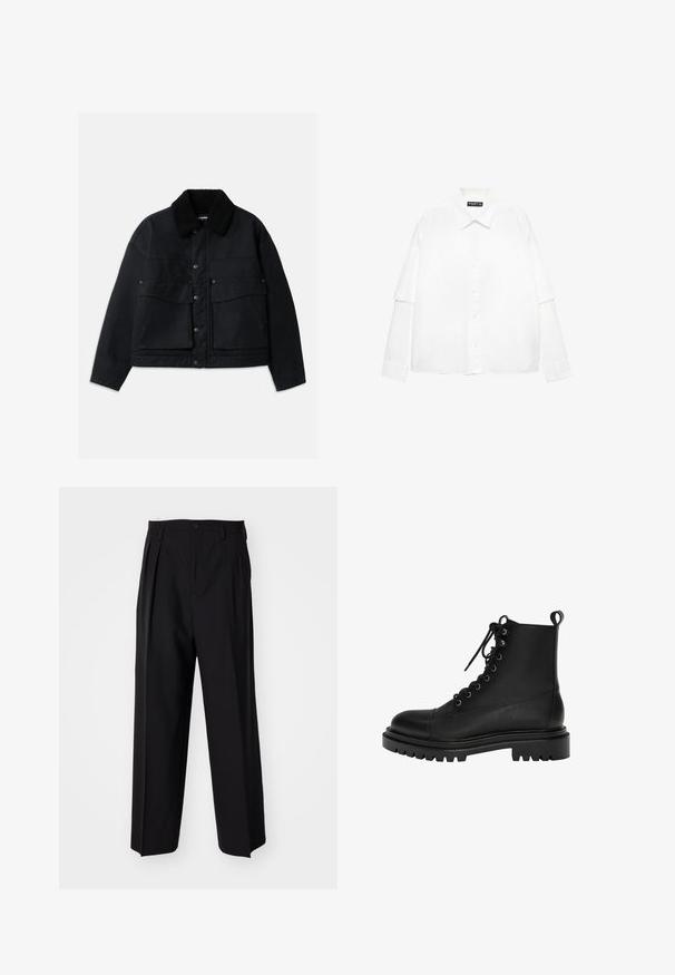 Musta takki, jossa on teksturoitu musta karvakaulus. Varustettu etupainikkeella ja kahdella suurella rintataskulla. Materiaali vaikuttaa kestävältä.; Valkoinen pitkähihaisekauluspaita, joka on valmistettu puuvillasta. Paidassa on napillinen etuosa, klassinen kaulus ja ylisuuret hihat rennossa istuvuudessa.; Mustat laskostetut housut, joissa on suora, leveä lahje. Valmistettu sileästä kankaasta, jossa on nappisuljenta ja vyölenkit.; Mustat nahka nilkkurit, joissa on pyöreä kärki, nauhakiinnitys edessä, metalliset nyörihaitarit ja paksu, teksturoitu kumipohja.