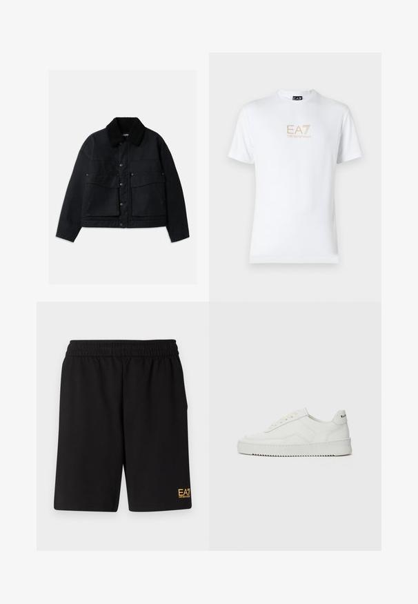 Juodas švarkas su tekstūruotu juodu avikailio apykaklės kraštu. Turi priekinį mygtuką ir dvi dideles kišenes krūtinėje. Medžiaga atrodo tvirta.; Balta medvilninė marškinėlių su apvaliu kaklu ir trumpomis rankovėmis, priekyje spausdintas auksinis EA7 Emporio Armani logotipas.; Juoda sportinė šortai, pagaminti iš minkštos medžiagos, su elastingu diržu ir maža geltona EA7 logo apatinėje kairėje kojoje.; Balti odiniai sportiniai bateliai su lygia apdaila, apvaliu pirštu, plokščiais raišteliais ir tekstūruotu padu. Pasižymi subtiliu logotipu ant kulno.