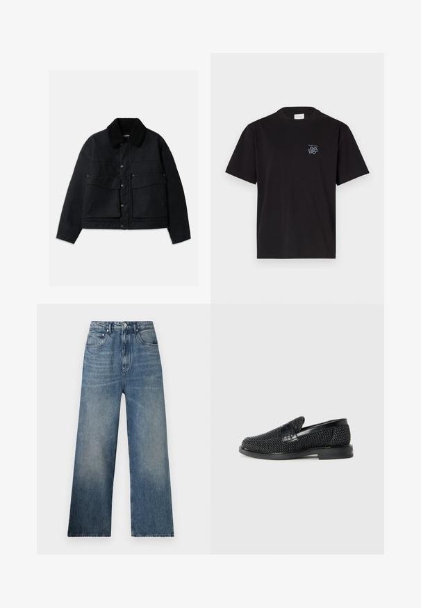 Black jacket with a textured, black shearling collar. Features front button closure and two large chest pockets. Material appears sturdy.; Black cotton t-shirt with a crew neck and short sleeves. Features a small blue logo on the left chest. Simple, straight-cut design.; Blue denim wide-leg jeans with a high waist, featuring subtle fading, five pockets, and a metal button closure at the front.; Black woven slip-on shoe with a smooth leather accent on the upper, a round toe design, and a low-profile rubber sole.