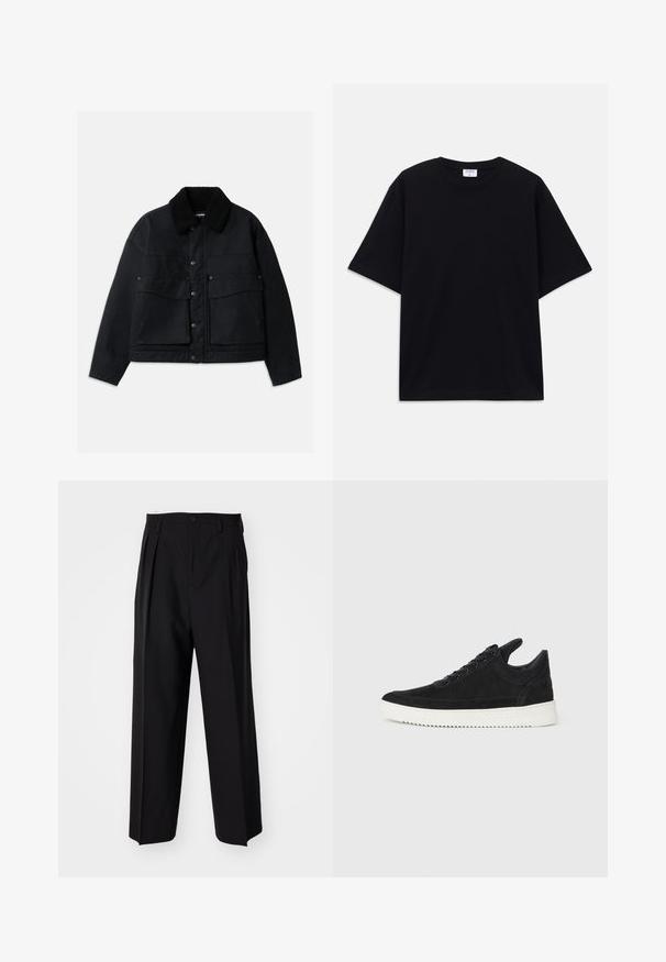 Black jacket with a textured, black shearling collar. Features front button closure and two large chest pockets. Material appears sturdy.; Black short-sleeve oversized T-shirt with round neckline and visible Filippa K brand label inside the collar.; Black pleated trousers with a straight, wide-leg design. Made from smooth fabric, featuring a button closure and belt loops.; Black suede sneaker with a white rubber sole, featuring tonal stitching and lace-up design. Smooth texture with a modern, streamlined shape.