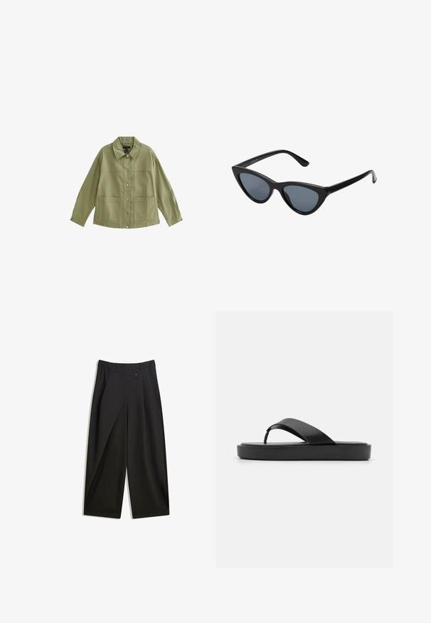 Olijfgroene jas van katoen, met een kraag, een voorkant met drukknoopsluiting en twee grote opgestikte zakken.; Stof met zwarte stippen op een lichtbeige achtergrond. Het ontwerp heeft gelijkmatig verdeelde, volle cirkels op een gladde structuur.; Zwarte wijde broek van soepel materiaal. Beschikt over een voorkant met plooi, een knoopsluiting en een op maat gemaakte tailleband voor een gestroomlijnde pasvorm.; Zwarte flip-flop sandalen met een soepele bovenband en een gestructureerde platformzool. Minimalistisch ontwerp met een laag profiel.; Zwarte cat-eye zonnebril met donkergrijze lenzen, slank plastic frame, puntige hoeken en rechte pootjes. Geen zichtbare hardware of accenten.; Natuurlijk geweven strookentasje met een gestructureerd oppervlak, grote open bovenkant, gebogen vorm en een donkere leren band. Kenmerkt zich door een zwarte accent aan de basis.