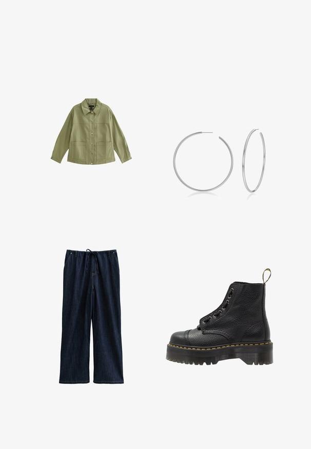 Chaqueta verde oliva de algodón, con cuello tipo solapa, cierre delantero de botones a presión y dos grandes bolsillos tipo parche.; Camiseta de manga corta de color azul claro con canalé, con cuello redondo y diseño ajustado, combinada con unos pantalones vaqueros oscuros de talle alto.; Pantalones de mezclilla oscuros de pierna ancha con cintura ajustable, que cuentan con dos bolsillos frontales y una textura suave y resistente.; Botín negro de cuero con superficie texturizada, punta redonda, diseño de cordones, costuras amarillas y una gruesa suela de plataforma negra estriada.; Pendientes de aro de plata con un acabado suave y pulido. Un pendiente es un aro completo, mientras que el otro está parcialmente abierto, mostrando un diseño minimalista.