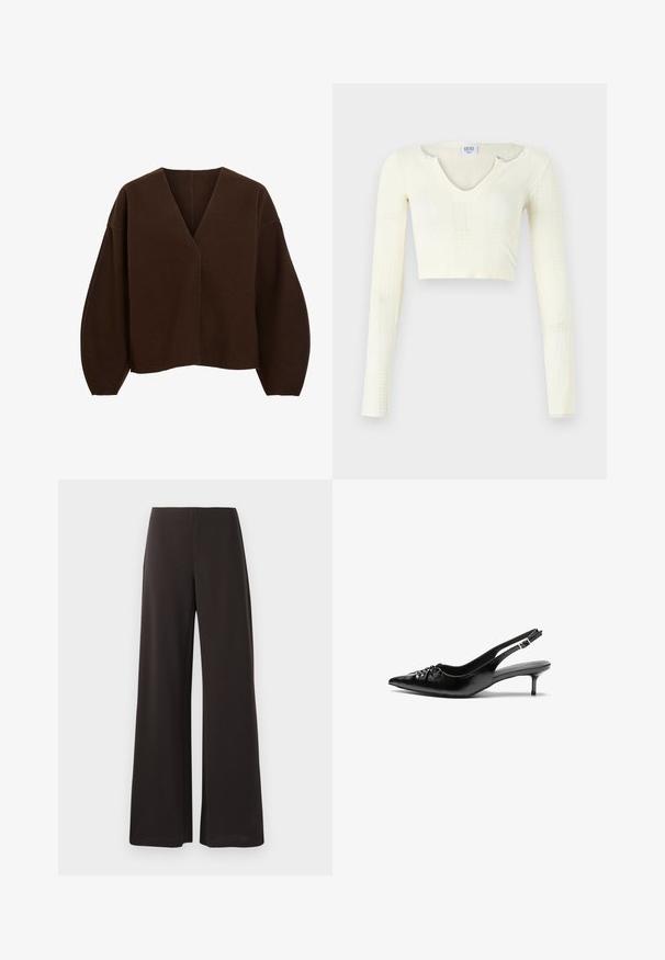 Rjav, prevelik pulover z V-izrezom in dolgimi balonastimi rokavi. Narejen iz mehkega blaga z gladko teksturo in minimalnimi šivi.; Kratka majica iz off-white pletenine. Dolgi rokavi z rebrastim vzorcem in manjšimi izrezi okoli izreza.; Črne široke hlače z gladkim, raztegljivim materialom. Imajo visok pas in čist, minimalističen dizajn brez vidnih zaponk.; Črne usnjene slingback pete z izostrenim nosom, majhno mačje peto in okrasno vozličasto podrobnostjo na sprednjem delu. Gladka tekstura po celotni površini.