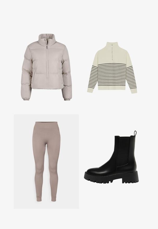 Ljusbeige puffjacka med hög krage, hel dragkedja framtill och elastiska muddar. Har sydda sektioner för isolering.; Krämfärgad polotröja med hög krage, vertikal ribbad textur och horisontella svarta ränder över kroppen och ärmarna. Silverdetalj med dragkedja.; Ribbade leggings i en mjuk taupe-färg, med hög midja, smal passform och avsmalnande anklar. Tillverkade av ett texturerat, stretchigt tyg.; Svart läderankelstövlett med en texturerad sidopanel, rund tå och kraftig plattformssula med ett zigzag-mönster.
