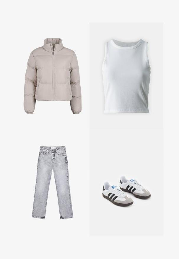 Ljusbeige puffjacka med hög krage, hel dragkedja framtill och elastiska muddar. Har sydda sektioner för isolering.; Vit ribbad linne med rund halsringning och ärmlös design, med en rak nederkant och en smidig, elastisk textur.; Grå denimjeans med rak benpassform, slitna detaljer, fem fickor och kopparnitar. Midjan har en logotagg.; Sportskor med överdel i vit läder, grå mocka på tårna och tre svarta ränder. Har en blå logotyp på tungan och en texturerad gummisula.