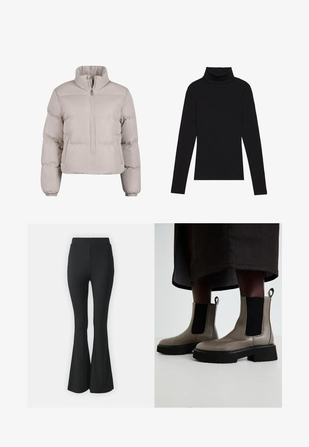 Világos bézs színű steppelt dzseki magas gallérral, teljes hosszúságú cipzárral és rugalmas mandzsettákkal. Töltetlenség biztosítására varrott részekkel rendelkezik.; Fekete garbónyakú, hosszú ujjú felső, bordás anyagból készült, testhez álló fazonnal, magas nyakkal, minták és díszítések nélkül.; Fekete, bővülő nadrág rugalmas anyagból. Magas derékkal és sima, testhezálló kialakítással rendelkezik, amely a térdtől lefelé bővül.; Szürke bokacsizmák texturált bőrből, elasztikus oldalpanellel és vastag fekete talppal. Könnyű felvételt biztosító húzófülek találhatók rajtuk.