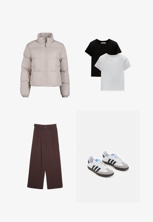 Helle beige Daunenjacke mit hochgeschlossenem Kragen, durchgehendem Reißverschluss und elastischen Bündchen. Verfügt über genähte Abschnitte zur Isolierung.; Zwei T-Shirts mit Rundhalsausschnitt in Schwarz und Weiß, aus Baumwolle. Sie haben kurze Ärmel und einfarbiges Design ohne Muster oder Akzente.; Stradivarius WIDE-LEG WITH BUCKLE DETAIL - Stoffhose - dark brown; Sportschuhe mit einem Obermaterial aus weißem Leder, grauer Wildleder-Zehenkappe und drei schwarzen Streifen. Sie verfügen über ein blaues Logo auf der Zunge und eine strukturierte Gummisohle.