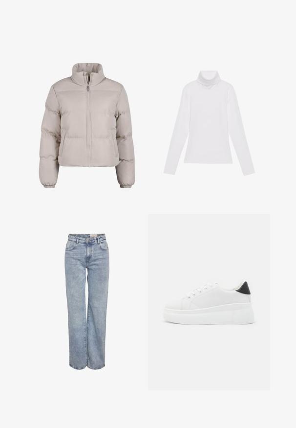 Svetlofialová puffa bunda s vysokým golierom, plným zipsom vpredu a elastickými manžetami. Obsahuje prešívané časti na izoláciu.; Biely dlhý rukáv v štýle roláka vyrobený z hladkej, elastickej tkaniny. Má vysoký golier a priliehavý strih, bez viditeľných vzorov alebo ozdôb.; Svetlomodré široké džínsy vyrobené z denimu, s vysokým pásom, päťvreckovým dizajnom a jemným vyblednutím pre opotrebovaný vzhľad.; Biele platformové tenisky vyrobené z hladkého syntetického materiálu, so zaoblenou špičkou, šnurovacím dizajnom a textúrovanou gumovou podrážkou. Čierny akcent na päte.