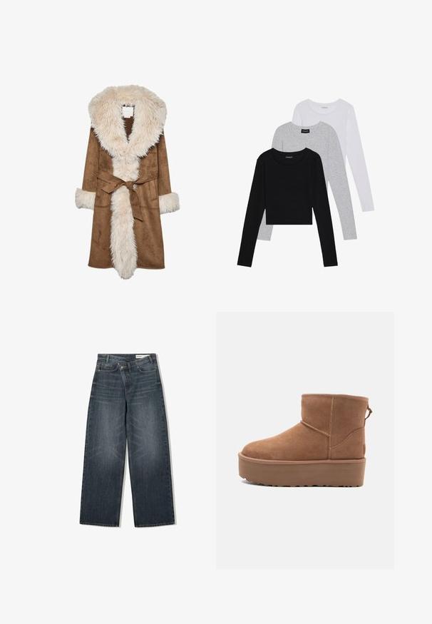Brązowy zamszowy płaszcz z kremowym sztucznym kołnierzem i mankietami, wyposażony w pasek w talii, dwie boczne kieszenie oraz miękką teksturę na całej powierzchni.; Trzy bluzki z długim rękawem ułożone jedna na drugiej: czarna, szara i biała. Każda z okrągłym dekoltem i skróconym fasonem, wykonana z gładkiego, lekkiego materiału.; Jeans z ciemnego denimu o szerokim kroju, z wysokim stanem, pięcioma kieszeniami i subtelnym przetarciem z przodu.; Beżowe zamszowe botki za kostkę z platformą, zaokrąglonym noskiem i akcentami w postaci przeszyć; posiadają pętelkę z tyłu dla ułatwienia zakładania.
