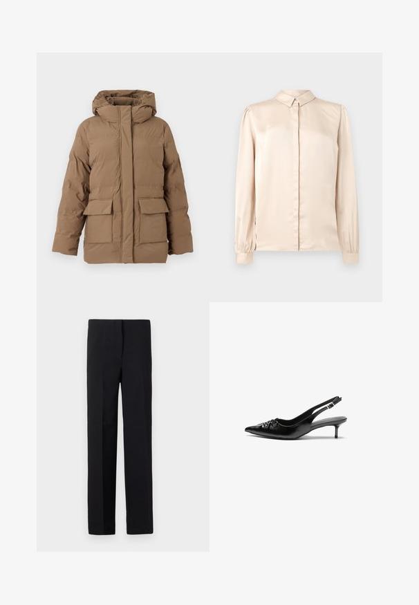 Hnědá prošívaná bunda s kapucí, s předním zipem, dvěma předními kapsami a strukturovaným povrchem. Navržena pro teplo a pohodlí.; Béžová saténová košile s dlouhým rukávem, button-down límcem, předním zapínáním a nařasenými balónovými rukávy na manžetách. Hladká, lesklá textura.; Černé kalhoty na míru se rovný střih, s hladkou texturou a bez viditelných vzorů. Standardní pas a čistý vzhled.; Černé kožené lodičky na slingback s špičatou špičkou, malým podpatkem typu kitten a ozdobným uzlem na přední straně. Hladký povrch po celém obvodu.