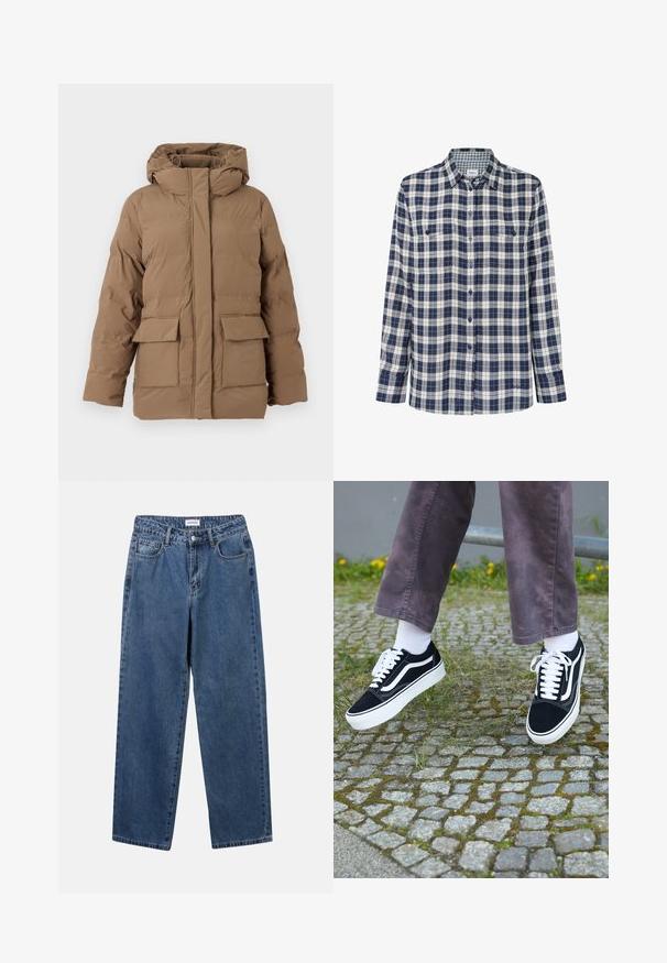 Brun polstret jakke med hætte, med en frontlynlås, to frontlommer og en struktureret stofoverflade. Designet til varme og komfort.; Skjorte i ternet flannel i navy, hvid og rød. Lange ærmer, knappelukning foran, to brystlommer og et diskret logo ved kanten.; Klassiske blå denimbukser med lige ben, fem lommer og knaplukning. Har en medium vask og en robust tekstur.; Sorte ruskinds sneakers med hvide accenter, med rund tå, tyk hvid sål og klassisk snørebåndsdesign, båret med hvide sokker og lilla bukser.