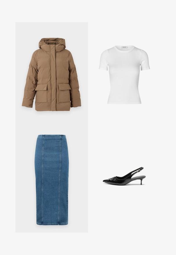 Brun polstret jakke med hette, med frontglidelås, to frontlommer og en teksturert stofffinish. Designet for varme og komfort.; Hvit kortermet t-skjorte laget av ribbet bomullsstoff. Fitted design med rund hals og en jevn tekstur. Ingen mønstre eller utsmykninger.; Blå denim blyantskjørt med vertikale sømmer og høy midje, som faller under kneet, vist på en hvit bakgrunn.; Sorte skinnert remsandaler med spiss tå, liten kittenhæl og en dekorativ knute detalj foran. Glatt tekstur gjennom hele.