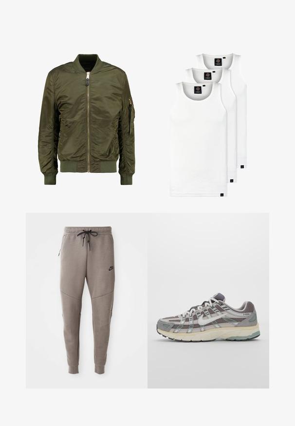 Zelená bomber bunda, polyesterový materiál, zapínání na zip vpředu, žebrované manžety a lem, postranní kapsy a kapsa se zipem na rukávu.; Tři bílé žebrované tílka vyrobené z bavlny. Mají kulatý výstřih a malé černé štítky poblíž lemu. Dostupné v několika velikostech.; Šedé Nike tepláky s elastickým pasem na šňůrku, zúženými nohavicemi, bočními kapsami a charakteristickým švem. Měkká, strukturovaná tkanina.; Šedá sportovní obuv s vrchní částí z mikrovlákna a semiše, bílými akcenty, polstrovanou podrážkou a jedinečným designem s reflexními prvky.