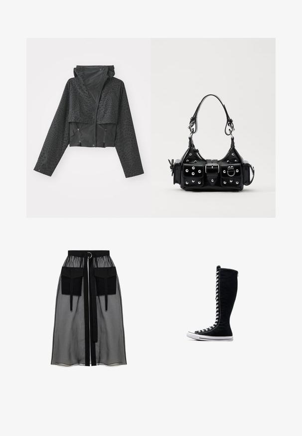 Črna skrajšana jakna s kapuco, ki ima teksturiran geometrijski vzorec, dolge rokave in zadrgo na stranskih žepih. Narejena iz lahkega materiala.; Črn dolg rokav krojen zgornji del, ki ima visok ovratnik, prosojen mrežast panel na pasu in strukturirane šive za prileganje.; Črna prozorna krila z nabranim pasom, ki ima dva velika sprednja žepa, pas za zavezovanje in okroglo kovinsko dekoracijo.; Črne visoke superge z visokim dizajnom, narejene iz platna. Imajo bele vezalke, šivanje in gumijast podplat z zaščito za prste.; Črna usnjena torbica s ukrivljenim dizajnom, ki vsebuje srebrne žebljičke, zaponko in dve stranski žepki. Nastavljiv trak za različne možnosti nošenja.