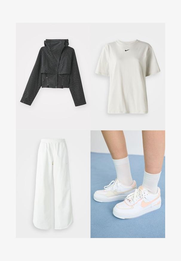 Μαύρο κοντό μπουφάν με κουκούλα, με υφασμάτινη γεωμετρική υφή, μακριά μανίκια και φερμουάρ στις πλαϊνές τσέπες. Φτιαγμένο από ελαφρύ υλικό.; Λευκό βαμβακερό μπλουζάκι με στρογγυλή λαιμόκοψη και κοντά μανίκια. Διαθέτει ένα μικρό μαύρο λογότυπο Nike στο στήθος. Απλός και κομψός σχεδιασμός.; Λευκό αθλητικό παντελόνι σε φαρδιά γραμμή με ραμμένο ζώνη και διακριτική λεπτομέρεια λογότυπου. Απαλή υφή με άνετη εφαρμογή και στενό στρίφωμα.; Λευκά αθλητικά παπούτσια με ροζ αποχρώσεις, λείος δερμάτινος άνω μέρος, περφορέ σόλα, υφή σόλα και κορδόνια. Φορεμένα με λευκές κάλτσες μέχρι τον αστράγαλο σε μπλε επιφάνεια.