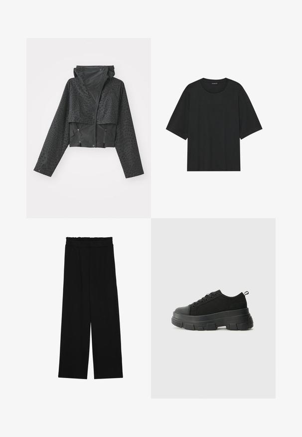 Jaqueta cropped preta com capuz, apresentando um padrão geométrico texturizado, mangas longas e bolsos laterais com fecho éclair. Feita de um material leve.; T-shirt preta de manga curta, feita de algodão. Apresenta um decote redondo, um corte relaxado e uma bainha limpa, sem padrões ou ferragens visíveis.; Calças largas pretas com um cinto franzido, apresentando dois bolsos laterais e um tecido suave e leve. Sem padrões ou ferragens visíveis.; Sneakers pretos com sola de borracha robusta, parte superior de tecido texturizado, bico redondo e design de atacadores. Apresenta ilhós reforçados e uma alça na parte posterior.