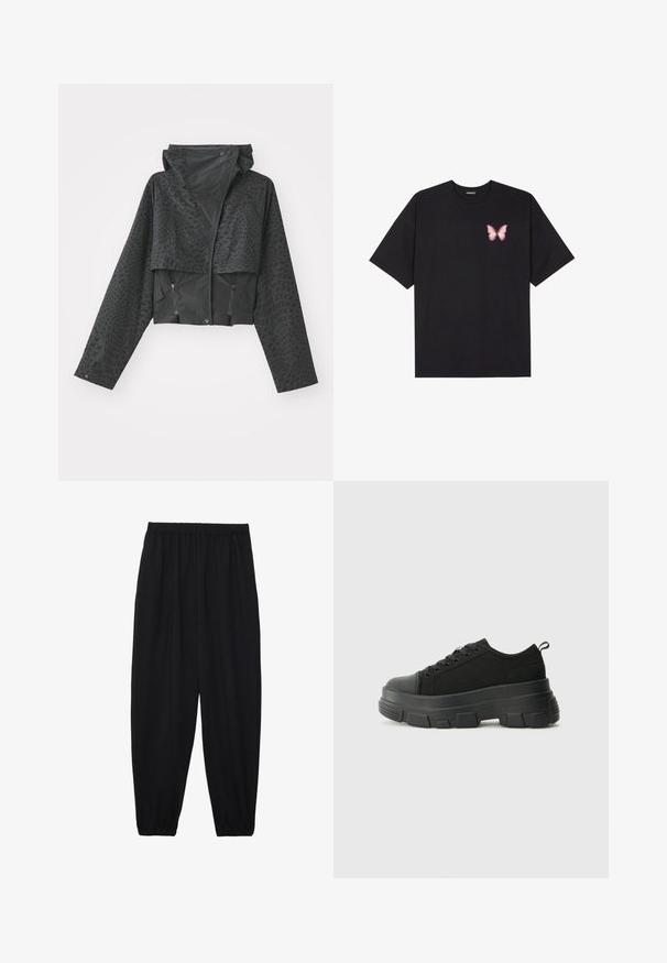 Čierna skrátená bunda s kapucňou, s textúrovaným geometrickým vzorom, dlhými rukávmi a zipsovými bočnými vreckami. Vyrobená z ľahkého materiálu.; Čierne bavlnené tričko s krátkymi rukávmi, s malým ružovým motýlikom na ľavej hrudi. Design s okrúhlym výstrihom a uvoľneným strihom.; Čierne, ľahké nohavice s elastickým pásom a zúženými nohavicami. Tkanina je hladká a má voľný, zúžený strih.; Čierne tenisky s masívnou gumovou podrážkou, textúrovaným textilným zvrškom, okrúhlou špičkou a šnurovaním. Obsahujú spevnené očká a zadný úchop.