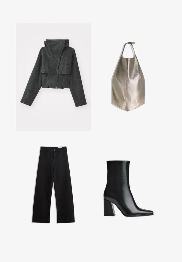 Čierna skrátená bunda s kapucňou, s textúrovaným geometrickým vzorom, dlhými rukávmi a zipsovými bočnými vreckami. Vyrobená z ľahkého materiálu.; Kovový sivý zástera s hladkou textúrou, s okrúhlym otvorom na krk a rovnomerným spodným okrajom. Jednoduchý dizajn s nastaviteľným popruhom.; Čierne denimové nohavice s širokými nohavicami a vysokým pásom, so prednými a zadnými vreckami, šitými švami a zapínaním na gombík. Hladká textúra.; Čierna kožená členková čižma s špicatou špičkou a vysokým blokovým podpätkom. Hladká textura s elegantným siluetou a pevným základom.