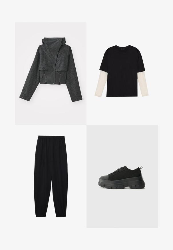 Black cropped jacket with a hood, featuring a textured geometric pattern, long sleeves, and zippered side pockets. Made from a lightweight material.; Black T-shirt made of cotton, featuring short sleeves over a white long-sleeve layer with a subtle textured pattern. Crew neckline design.; Black, lightweight pants with an elastic waistband and gathered ankles. The fabric is smooth and features a relaxed, tapered design.; Black sneakers with a chunky rubber sole, textured fabric upper, round toe, and lace-up design. Features reinforced eyelets and back pull tab.