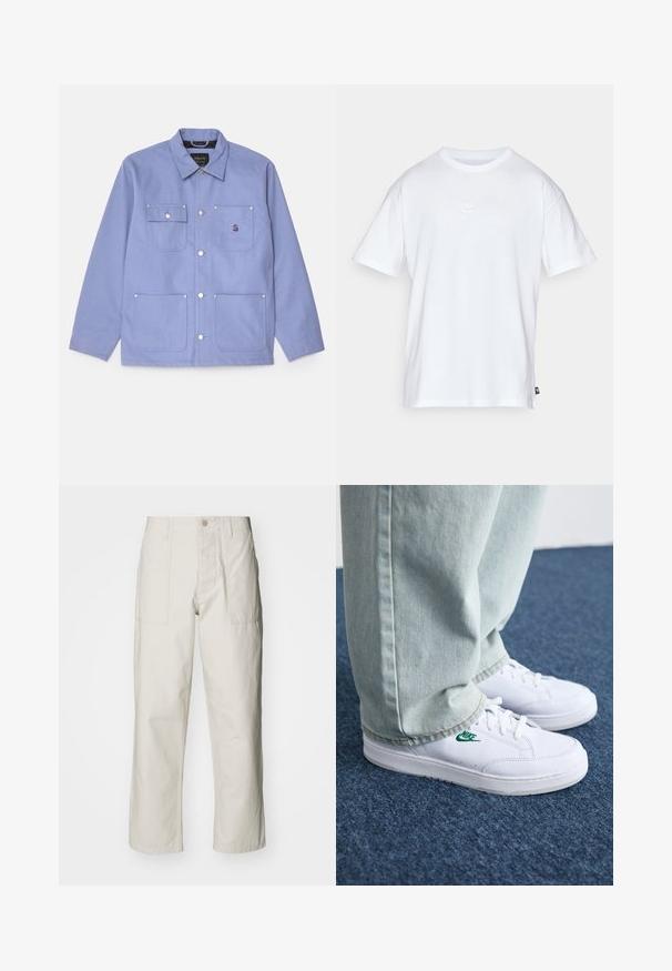 Light purple canvas jacket with a point collar, two chest pockets with flaps, and two lower patch pockets, featuring snap buttons and stitching details.; White cotton t-shirt with short sleeves and a round neck. Features a small, subtle Nike logo on the chest and a side label.; Light beige wide-leg pants made of cotton. Features front pockets and a button closure. Smooth texture with subtle vertical lines.; White leather sneakers with green Nike logo, round toe, flat sole, paired with light blue denim pants, shown on a blue carpet.