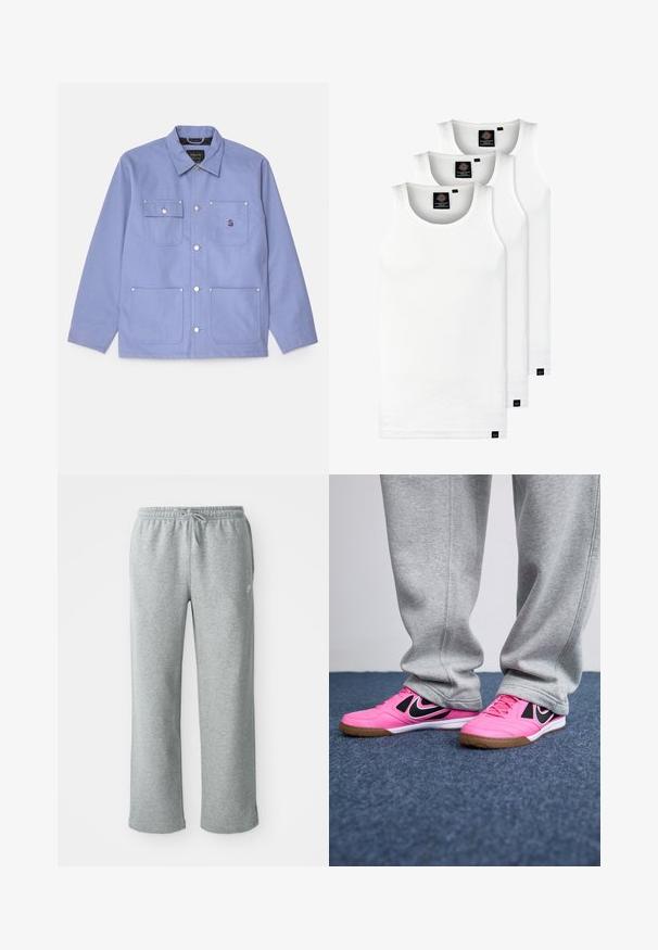 Giacca di tela viola chiaro con colletto a punta, due tasche sul petto con pattine e due tasche inferiori applicate, dotata di bottoni a pressione e dettagli di cucitura.; Tre canotte bianche a coste in cotone. Presentano un colletto rotondo e piccole etichette nere vicino all'orlo. Disponibile in diverse taglie.; Pantaloni sportivi grigi in cotone con vita elasticizzata, chiusura con cordino e gamba dritta. Presenta un piccolo logo sul lato superiore sinistro.; Scarpe da ginnastica rosa con dettagli neri, design con lacci e suola in gomma. I pantaloni della tuta grigi coprono parzialmente le scarpe, posizionate su un tappeto blu.