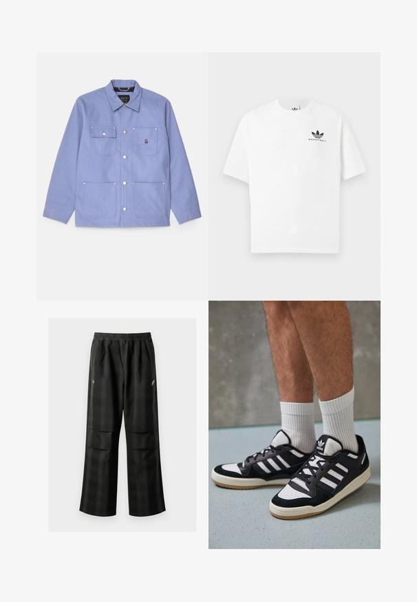 Šviesiai purpurinė drobės striukė su taškuotu apykakle, dviem krūtininiais kišenėmis su sklendėmis ir dviem apatinėmis kišenėmis, turinti snapelių mygtukus ir siuvinėjimo detales.; Balta medvilninė marškinėlių su trumpomis rankovėmis, su juodu "BASKETBALL" logotipu ir ikonišku trimis juostelėmis dizainu priekyje.; Juodos languotos kelnės su elastingu juosmeniu, dviem priekinėmis kišenėmis ir laisvu tiesiu kirpimu. Pagamintos iš lengvos medžiagos.; Juodos ir baltos sportinės bateliai su zomšiniu ir odiniu viršumi, su trimis baltomis juostelėmis, perforuota koja ir guminėmis padais.