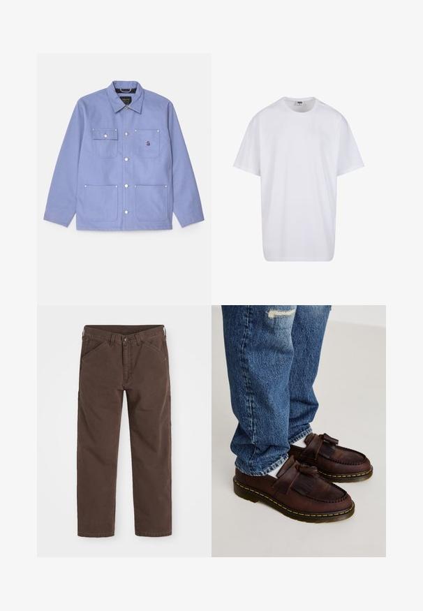 Giacca di tela viola chiaro con colletto a punta, due tasche sul petto con pattine e due tasche inferiori applicate, dotata di bottoni a pressione e dettagli di cucitura.; Maglietta bianca in cotone con maniche corte, scollatura rotonda, vestibilità comoda e senza loghi o motivi visibili. Texture liscia e design minimale.; Pantaloni dritti marroni con tasche frontali e laterali, chiusura con bottone e passanti per cintura, adagiati su uno sfondo bianco.; Mocassini in pelle marrone con dettagli a frange, caratterizzati da un design cucito e una suola gialla in gomma. Abbinati a dei jeans blu sbiaditi.