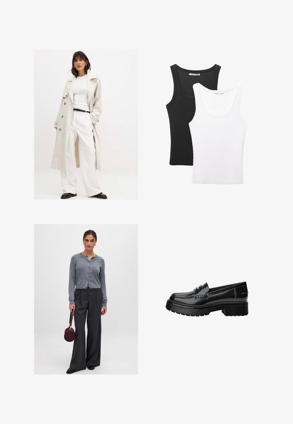 Svetlo bež plašč s velikimi gumbi, nosi se čez belo rebrasto majico in bele široke hlače. Črn pas in črne čevlje dopolnjujejo videz.; Dva majica brez rokavov sta prikazana, ena črna in ena bela. Obe imata rebrasto teksturo in široke naramnice z zaobljenim izrezom.; Siv cardigan s gumbom z rebrasto teksturo, v kombinaciji s visokima širokimi hlačami z vzorcem črt. Model drži okroglo burgundsko torbico.; Črne patent usnjene mokasine z debelim podplatom, opremljene z okrasnim pasom in subtilnimi šivi. Gumijasta tekstura na zunanjem podplatu.