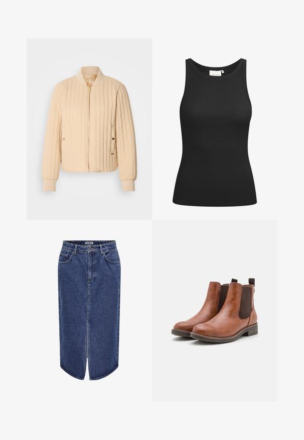Beige gesteppte Bomberjacke mit einem Reißverschluss vorne, geripptem Kragen und Bündchen sowie Seitentaschen mit goldenen Hardware-Akzenten. Glatte Textur.; Schwarzes Tanktop aus Rippstoff mit Rundhalsausschnitt und figurbetonter Passform. Flache Nähte und keine Verzierungen. Einfaches und elegantes Design.; Jeansrock mit mittellanger Passform, dunkler Waschung, vorderem Schlitz und klassischem fünf-Taschen-Design, ausgestattet mit einem Knopf- und Reißverschluss.; Braune Leder-Stiefeletten mit elastischen Seitenpaneelen, runder Zehenpartie und niedrigem Holzabsatz. Mit einer Schlaufe für einfaches Anziehen.