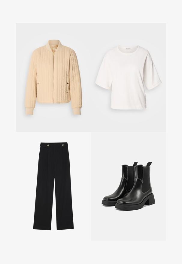 Beige quilted bomber jacket with a zip front, ribbed collar and cuffs, and side pockets featuring gold hardware accents. Smooth texture.; White cotton t-shirt with a relaxed fit, short cuffed sleeves, round neck, and a smooth texture. Simple, minimalistic design.; Black wide-leg trousers with high waist, button details on waistband, and front pleats.; Black leather Chelsea boots with a chunky heel, elastic side panels, and contrasting white stitching. Textured finish.