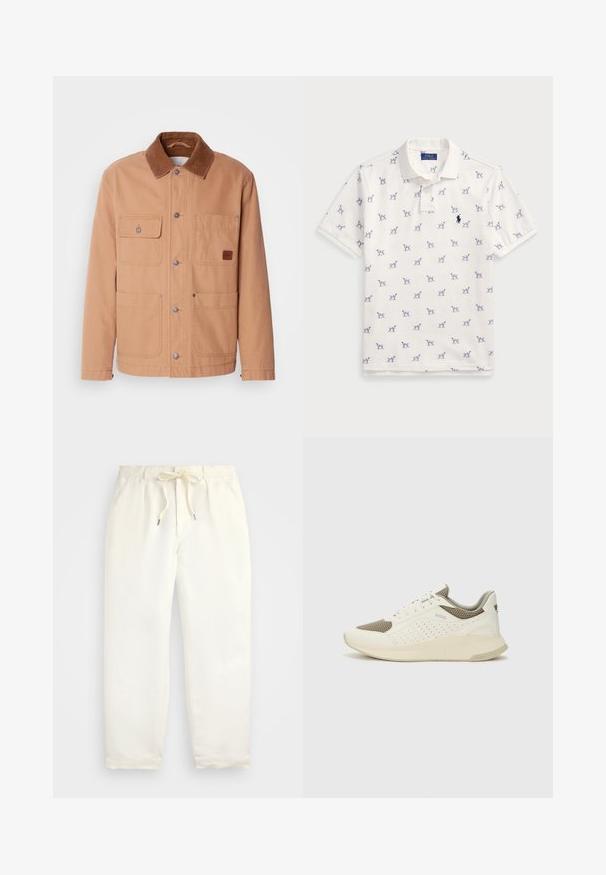 Krémszínű, vászonból készült dzseki, barna kordbársony gallérral. Két mellzsebével, két alsó zsebével és patentgombos záródással rendelkezik.; Fehér póló, pamutból készült, ismétlődő kék kutyás mintával és egy kis kék logóval a mellkason. Rövid ujjak és gallér.; Világos krém színű, puha anyagból készült könnyed nadrág. Rugalmas derékpánttal és húzózsinórral rendelkezik, valamint keskenyített lábdesign jellemzi.; Fehér és világos bézs sportcipő, légies hálós felsőrésszel, perforált részletekkel és texturált középtalppal, amelyen a saroknál a márka logója található.