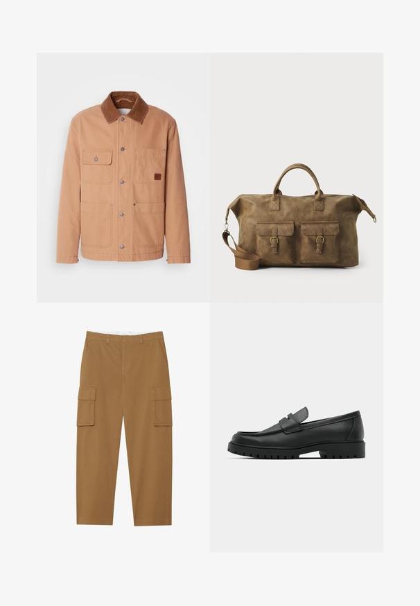 Krémszínű, vászonból készült dzseki, barna kordbársony gallérral. Két mellzsebével, két alsó zsebével és patentgombos záródással rendelkezik.; Három kereknyakú póló fehér, világosszürke és fekete színben. Puha pamutból készült, rövid ujjú és laza szabású.; Barna cargo nadrág, két oldalsó zsebbel, sima elülső résszel és egyenes szabással. Tartós anyagból készült, sima textúrával.; Fekete bőr loafer cipők kerek orral, varrott mintázattal, alacsony platformtalpú és texturált, barázdált gumitalppal.; Barna bőr utazótáska, két elülső zsebbe, állítható vállpánttal, arany színű részletekkel és masszív felső fogantyúkkal. Sima felület.