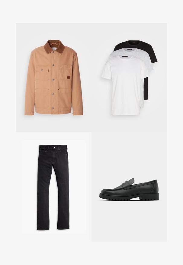 Beige Jacke aus Baumwollcanvas mit einem braunen Cordkragen. Sie verfügt über zwei Brusttaschen, zwei untere Taschen und Druckknopfverschlüsse.; Drei Rundhals-T-Shirts in Weiß, Hellgrau und Schwarz. Hergestellt aus weicher Baumwolle, mit kurzen Ärmeln und einem lässigen Schnitt.; Schwarze Denim-Jeans mit geradem Bein, fünf Taschen-Design, Knopfverschluss an der Taille und dezenten Nähdetails. Gleichmäßige Textur über die gesamte Fläche.; Schwarze Lederloafer mit runder Zehenform, ausgestattet mit einem gesteppten Design, niedrigem Plattformsohle und einer strukturierten, genoppten Gummisohle.