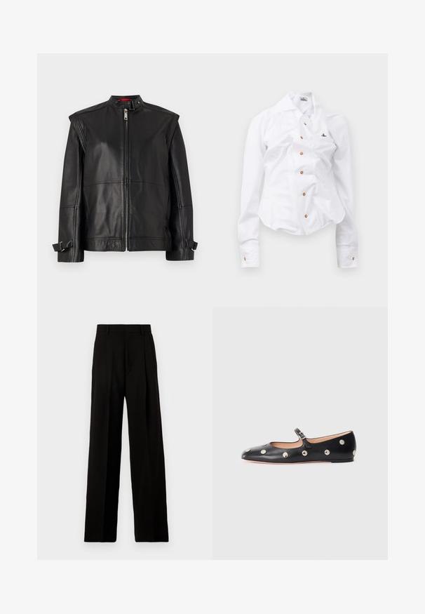 Čierna kožená bunda s vysokým golierom, zipsovým predným zapínaním a bočnými popruhmi na manžetách. Hladká textúra s priliehavým strihom.; Biela dlhá košeľa s priliehavým strihom. Má veľký golier, predné zapínanie na hnedé gombíky a malé vyšívané logo.; Čierne nohavice s širokými nohavicami vyrobené z hladkej látky, s vysokým pásom, prednými záhybmi a čistým, elegantným dizajnom bez ozdôb.; Čierne kožené baleríny typu Mary Jane s okrúhlou špičkou, so striebornými kruhovými cvokmi a nastaviteľným remienkom so sponou.