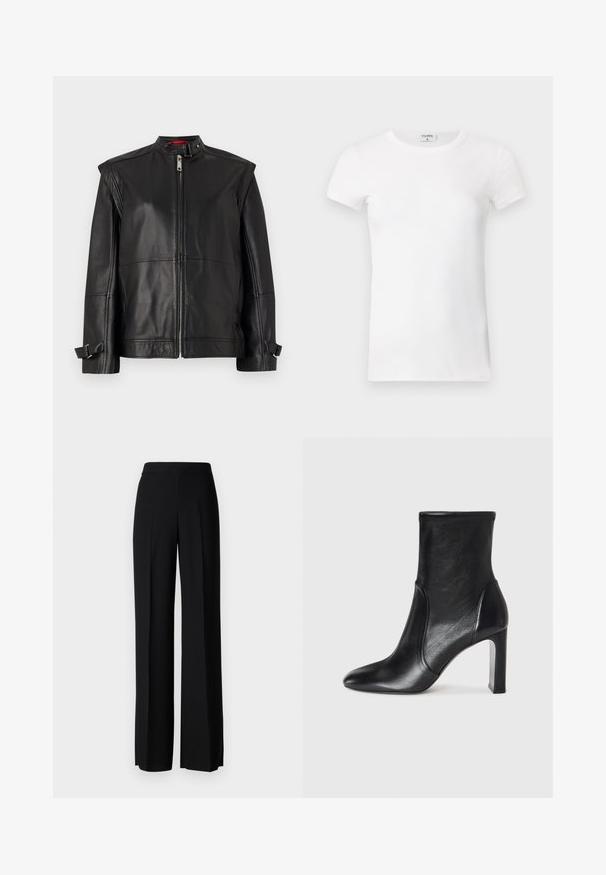 Juodas odinis švarkas su aukštu apykakle, užtrauktuku priekyje ir šoninėmis dirželis ant rankogalių. Lygus paviršius su prigludusia siluetu.; Balta, raibota trumpa rankovėmis marškinėliai su apvaliu kaklu. Audinys atrodo lygus ir prigludęs. Prekės ženklo etikete matoma prie apykaklės.; Juodi platūs kelnių kelnės su lygiu paviršiumi, turinčios aukštą liemenį ir centrinės raukšlės. Nėra matomų raštų ar metalinių detalių.; Juodas odinis kulkšninis botas su elegantišku dizainu, smailiu pirštu ir aukštu blokiniu kulnu. Su lygiu paviršiumi ir minimalistišku siuvimo detaile.