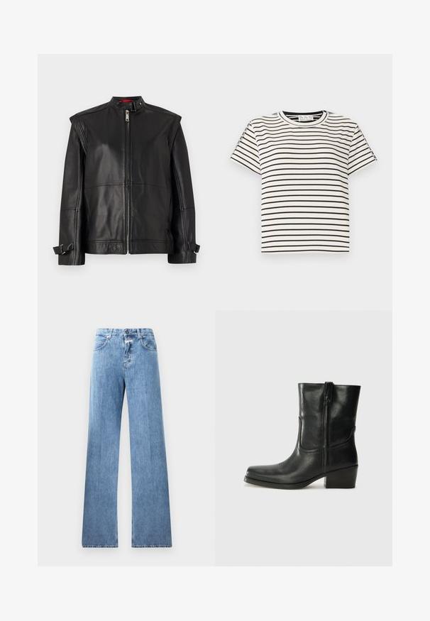 Schwarze Lederjacke mit hohem Kragen, Reißverschluss vorne und seitlichen Riemen an den Ärmeln. Glatte Textur mit einer taillierten Silhouette.; Kurzarm-T-Shirt aus Baumwolle mit Rundhalsausschnitt, das auf einem weißen Hintergrund schwarze vertikale Streifen und einen geraden Schnitt aufweist.; Hellblaue Jeans aus Denim mit weitem Bein, fünf Taschen, Gürtelschlaufen und einem Knopfverschluss. Der Stoff hat eine glatte Textur.; Schwarze Leder-Ankle Boots mit runder Zehenform, Blockabsatz, seitlichem Reißverschluss und gestickten Akzenten auf dem Blatt. Glatte Textur, klassisches Design.