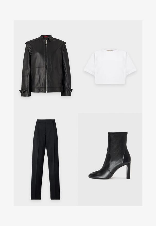 Jachetă din piele neagră cu guler înalt, fermoar în față și bretele laterale la manșete. Textură netedă, cu o siluetă ajustată.; Tricou alb scurt dintr-un material moale, cu mâneci scurte, decolteu rotund și detalii ribbrate la margine. Design simplu și fără embellishments.; Pantaloni negri dintr-un material neted, cu talie înaltă, picioare largi, pliuri frontale și loop-uri clasice pentru curea. Fără buzunare laterale vizibile.; Botine negre din piele până la glezna, cu un design elegant, vârful ascuțit și toc înalt tip bloc. Prezintă o textură netedă și detalii de cusătură minimalistă.