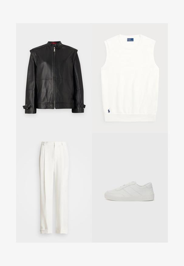 Čierna kožená bunda s vysokým golierom, zipsovým predným zapínaním a bočnými popruhmi na manžetách. Hladká textúra s priliehavým strihom.; Biely bezrukávový sveter vyrobený z hladkej bavlny, s rebrovaným lemom a malým námorníckym logom v dolnom ľavom rohu. Jednoduchý dizajn, bez vzorov.; Biele elegantné nohavice s dvoma prednými skladmi, rovný strih a prehnuté lemy. Vyrobené z hladkej tkaniny, s klasickým dizajnom.; Biele kožené tenisky s plochými šnúrkami, zaoblenou špičkou a jemnými detailami stehmi. Majú štruktúrovanú podrážku a embosované logo značky na päte.