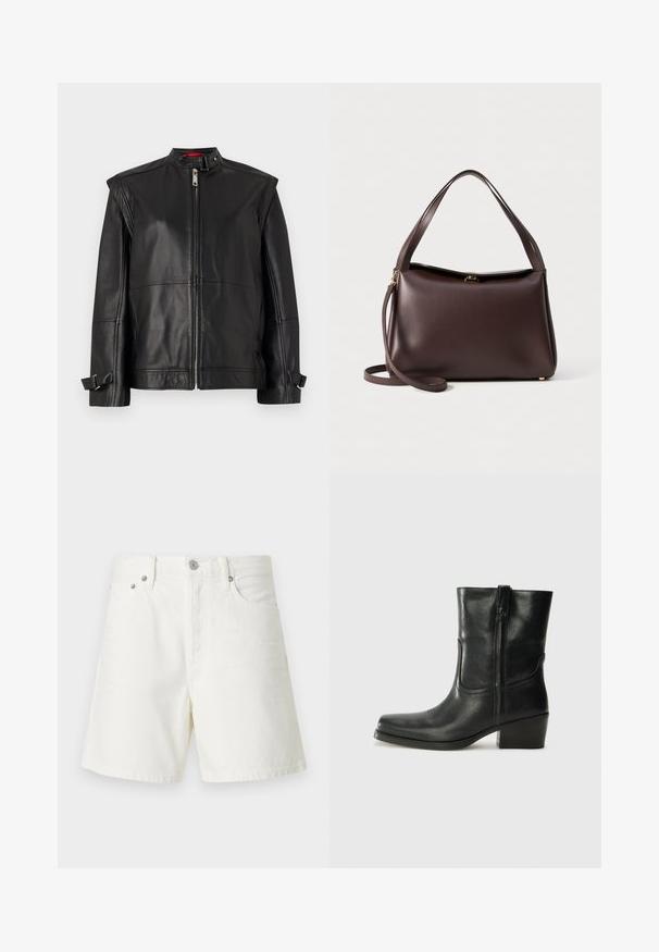 Mustassa nahkatakissa on korkea kaulus, vetoketjukiinnitys ja sivuhihnat hihansuissa. Saumaton pinta, joka korostaa vartalon muotoa.; Pitkähihainen, vaaleanbeige paita, jossa on pyöreä kaula-aukko. Valmistettu pehmeästä kankaasta, jossa on keskeinen sauma ja hieman kaareva helma. Ei näkyvää metalliosaa.; Valkoiset farkkushortsit suoralinjaisella leikkauksella, viiden taskun muotoilulla, edessä napituksella, hopeisilla yksityiskohdilla ja ommelluilla yksityiskohdilla.; Musta nahkasaapas nilkkamittaisella varrella, pyöreällä kärjellä, lohkarekorolla, sivuvetoketjulla ja ompeluaksentilla varren yläosassa. Suora pinta, klassinen muotoilu.; Ruskea nahkalaukku, jossa on ryhdikäs muoto, ja siinä on yksi yläkahva sekä irrotettava olkahihna. Kulta haarukkanäppäimistö yksityiskohtina.