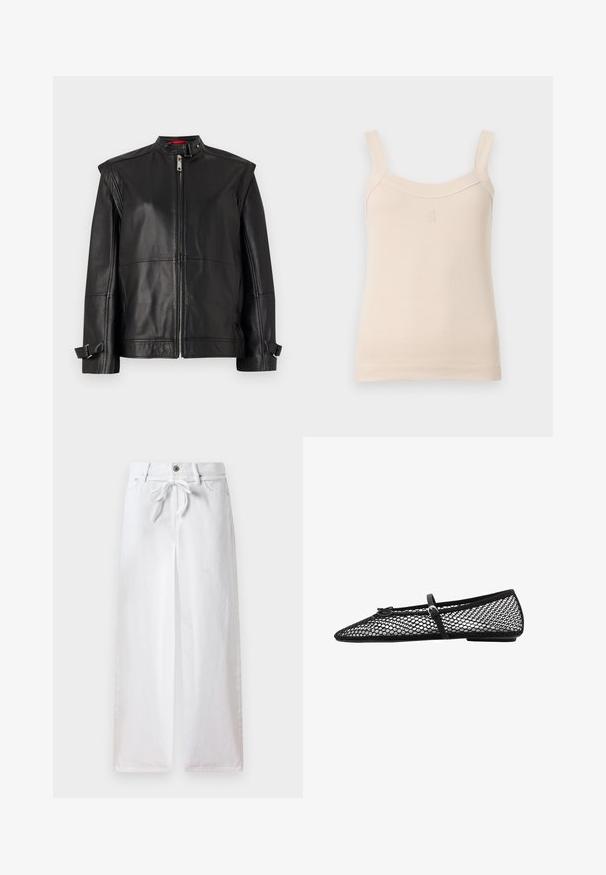 Jachetă din piele neagră cu guler înalt, fermoar în față și bretele laterale la manșete. Textură netedă, cu o siluetă ajustată.; Top de trening bej, cu benzi subțiri și decupaj rotund. Are un logo cusut pe față. Textură fină, design ajustat.; Pantaloni albi, cu picioare largi, din bumbac. Prezintă un șir de legare la talie și un închizător cu nasture. Textură netedă, cu un design minimalist.; Balerini negre din plasă, cu vârful ascuțit, curea decorativă și un accent subtil. Prezintă un design din plasă deschisă și talpă plată.