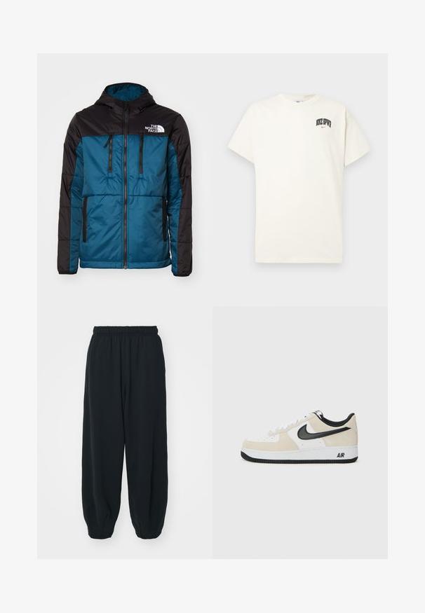 The North Face LIMBARA LIGHT SYNTH HOODIE - Ελαφρύ μπουφάν - midnight petrol; Κρεμ μπλούζα από βαμβάκι με κοντά μανίκια, με το λογότυπο "NIKE SB" σε μαύρο και κόκκινο χρώμα στο στήθος. Κανονική στρογγυλή λαιμόκοψη.; Μαύρες, φόρμες με ελαστική μέση και χαλαρή εφαρμογή, με ρεβέρ στους αστραγάλους, λεία υφή και χωρίς ορατά μοτίβα ή αξεσουάρ.; Αθλητικά παπούτσια με ανοιχτό μπεζ σουέτ και λευκό δέρμα στην πάνω μεριά, μαύρο σήμα Nike, μαύρες λεπτομέρειες και λευκή καουτσούκ σόλα που φέρει την επωνυμία "AIR".