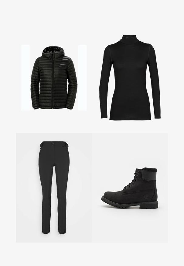 Zwarte pufferjack met een capuchon, ritssluiting, gewatteerd ontwerp en elastische manchetten. Gemaakt van lichtgewicht, glanzend materiaal.; Zwarte turtleneck top met lange mouwen, gemaakt van een gladde, elastische stof. Heeft een getailleerd ontwerp met naadloze schouders en een hoge hals.; Zwarte, strakke broek gemaakt van een flexibel materiaal. Kenmerken zijn onder andere een ritszak aan de zijkant, gebogen knieën en een gladde textuur.; Zwarte leren enkelaars met een ronde neus, vetersluiting aan de voorkant, neppelzen kraag en rubberen zool. Beschikt over een merklogo aan de zijkant.
