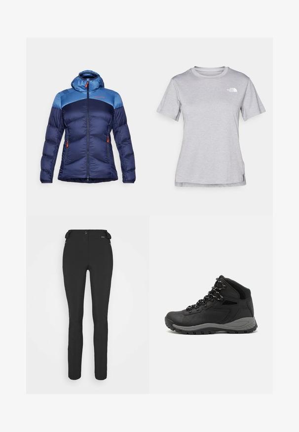 La Sportiva NATURE - Down jacket - deep sea/moonlight; Grey short-sleeve t-shirt made of soft, moisture-wicking fabric. Features a crew neck and a small white logo on the upper left.; Black, fitted pants made from a flexible material. Features include a zippered side pocket, articulated knees, and a smooth texture.; Black hiking boot with a mid-top design, featuring a textured upper, gray accents, and durable rubber sole with traction lugs.