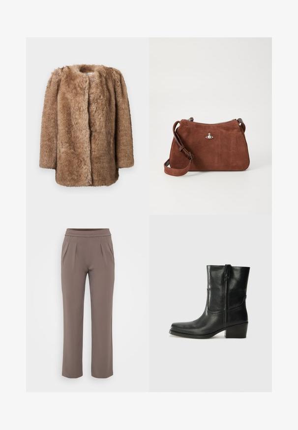 Brown faux fur coat with a soft texture, open front, and three-quarter sleeves. It features a straight cut and a minimalist design.; Beige ribbed knit sweater with a deep V-neck, long sleeves, and a textured panel at the chest. Cropped length with a relaxed fit.; Taupe loose-fit trousers with elastic waistband and front pleats, made from smooth fabric.; Black leather ankle boot with a rounded toe, block heel, side zipper, and stitching accents on the vamp. Smooth texture, classic design.; Brown suede handbag with a zip closure, adjustable shoulder strap, and silver hardware accent, featuring a subtle textured surface.