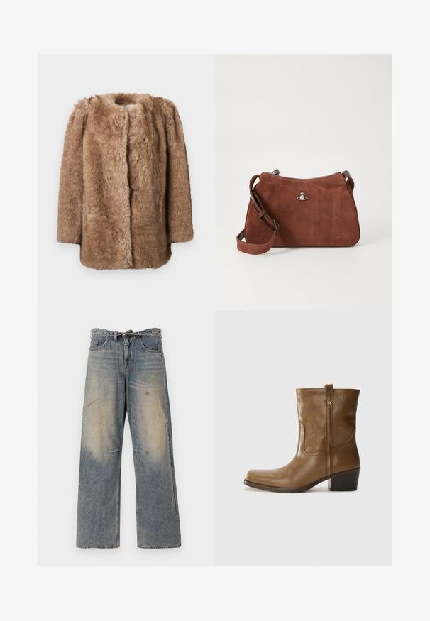 Brun faux fur frakke med en blød tekstur, åben front og trekvartærmer. Den har en lige skæring og et minimalistisk design.; Beige ribstrikket sweater med dyb V-udskæring, lange ærmer og en struktureret panel ved brystet. Korte længde med en afslappet pasform.; Lysblå denimjeans med et løst, lige ben-design. Har slidte, falmede og beskadigede detaljer nær knæene. Klassisk fem-lomme stil.; Brun læder ankelstøvle med firkantet tå, tekstureret overflade og en lav stablet hæl. Har en bageste hælflap og subtile syningsdetaljer.; Brun ruskinds taske med lynlås, justerbar skulderrem og sølvfarvede detaljer, der har en subtil tekstureret overflade.